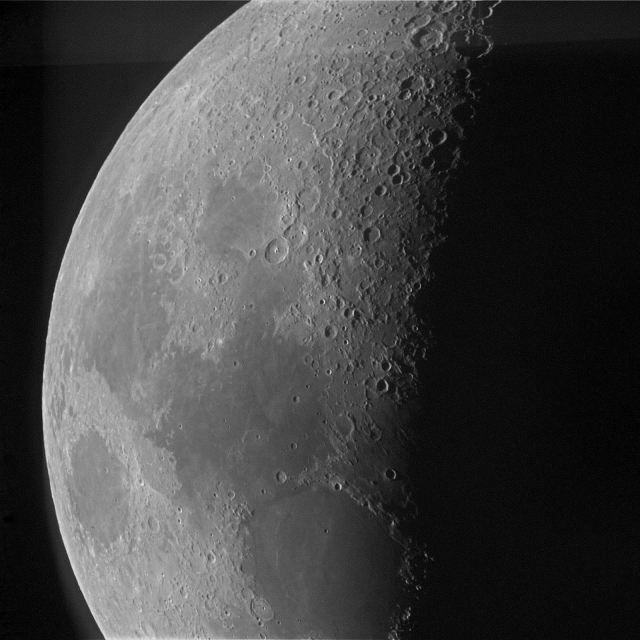 First Quarter Moon - 7/14/13 -- Image captured by Mike Ford with the RC-20 telescope -- Image processed by Gary Hug with Maxim-DL software.